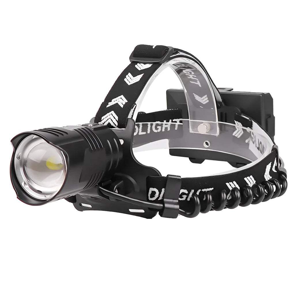 Black USB rechargeable telescopic zoom headlight with XHP 90 bulb on a table