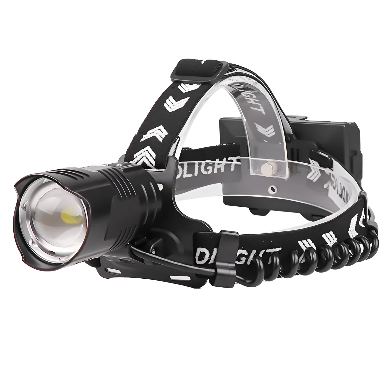 Black USB rechargeable telescopic zoom headlight with XHP 90 bulb on a table