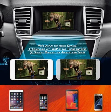 Black car mirror link WiFi box with power cable, antenna, AV cable and manual for smartphone screen mirroring.