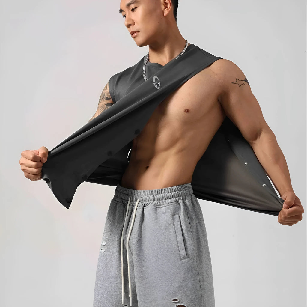 Korean style men's fitness vest with hidden hook side openings in cotton fabric