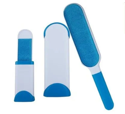 Blue reusable pet hair removal comb with a double-sided sticky brush head and a matching self-cleaning base.