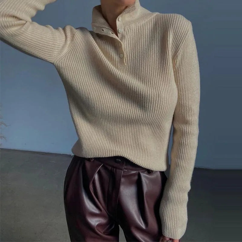 Retro half turtleneck pullover sweater with single-breasted placket in slim fit design