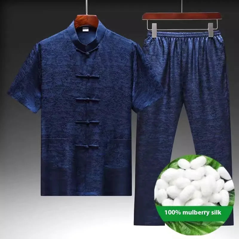Traditional Chinese Tang suit for men in mulberry silk satin with multiple colour options