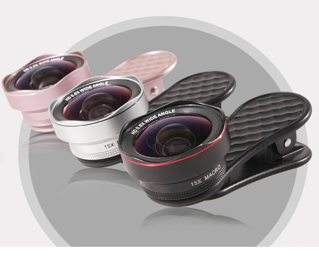 Black LQ-046 smartphone wide-angle and macro lens kit with clip and storage case on a table.