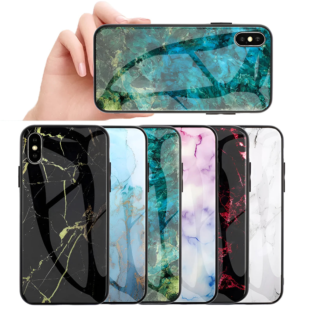 Marbled glass shell S10 protective case for Huawei phone with clear glass back and cartoon pattern