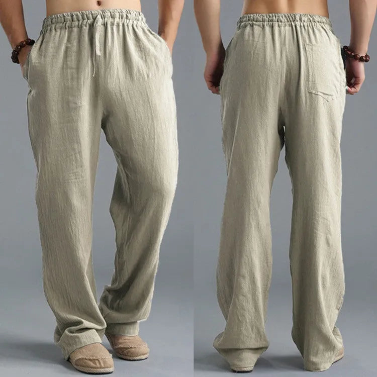 Men's breathable linen loose casual sports pants in khaki with elastic waistband, available in sizes S to 5XL
