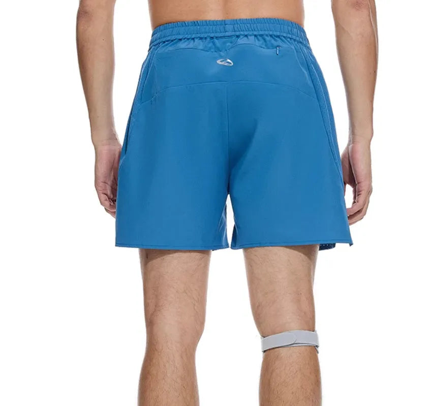 Black and blue running shorts with four-sided stretch and laser-stitched seams for training.