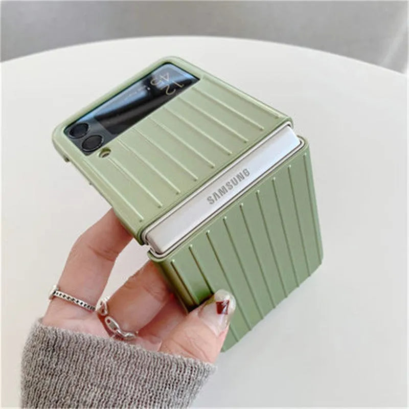 Samsung Z Flip3 ultra-thin PC phone case in seven colour options showing front and back views