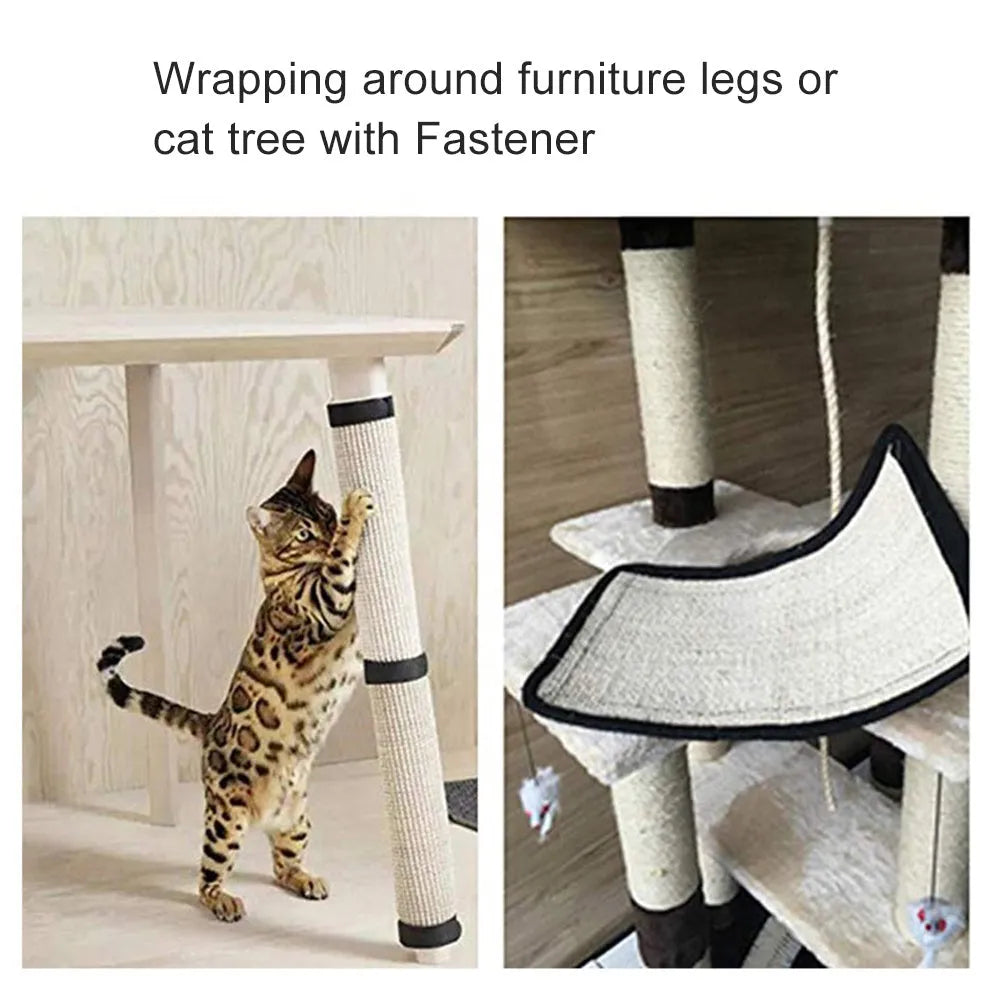 Beige cat scratch board sisal pad on sofa armrest for furniture protection, handrail style