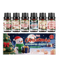 Christmas aromatherapy essential oil set showing six 10ml glass bottles with festive fragrance labels