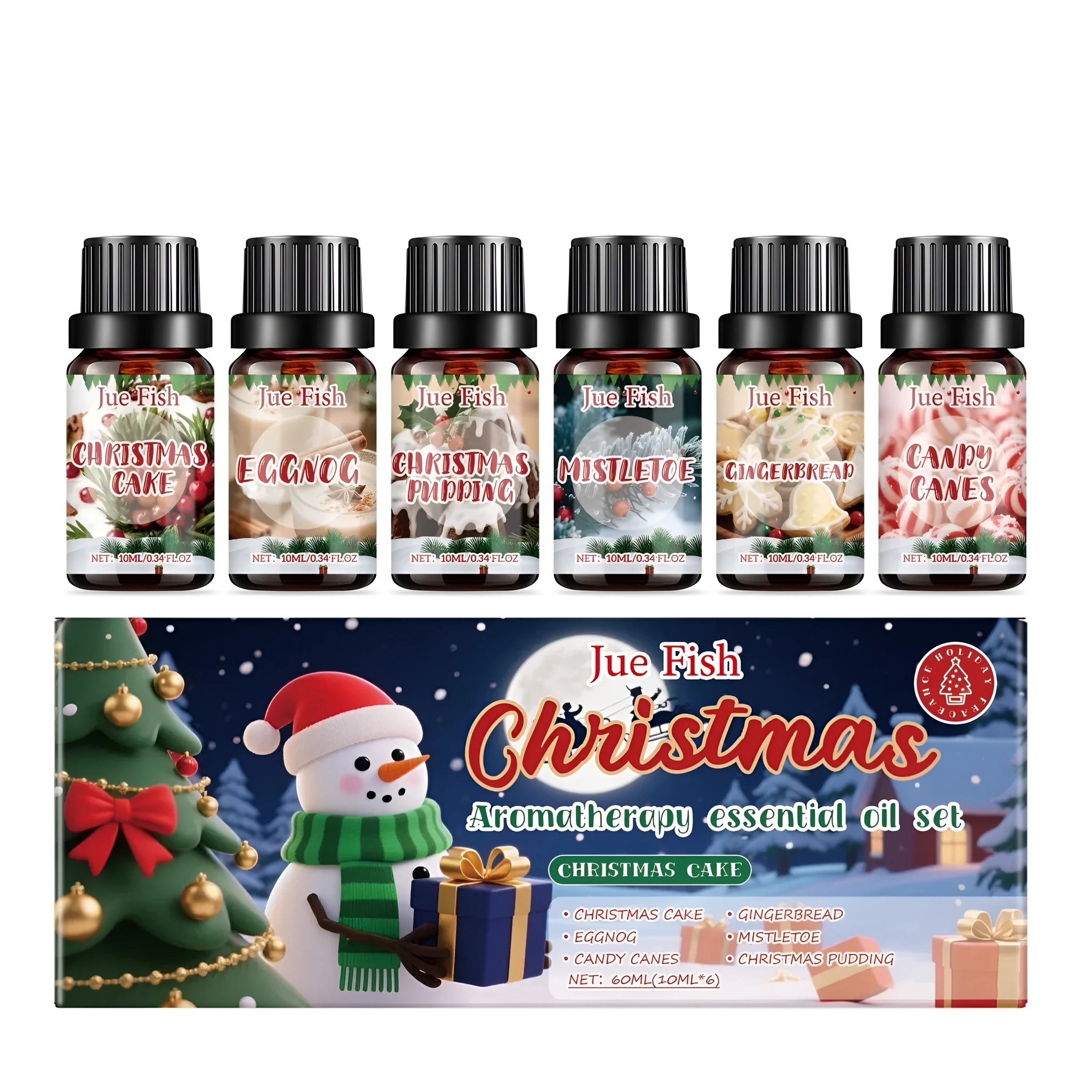 Christmas aromatherapy essential oil set showing six 10ml glass bottles with festive fragrance labels