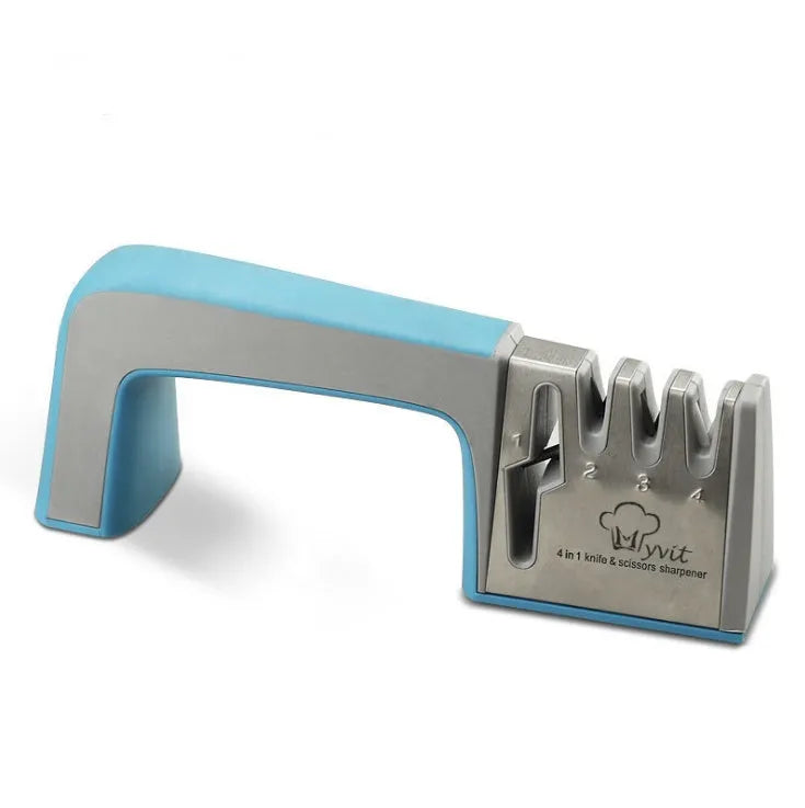 4-in-1 kitchen knife sharpener with multiple slots, black and cyan plastic and stainless steel body on a countertop