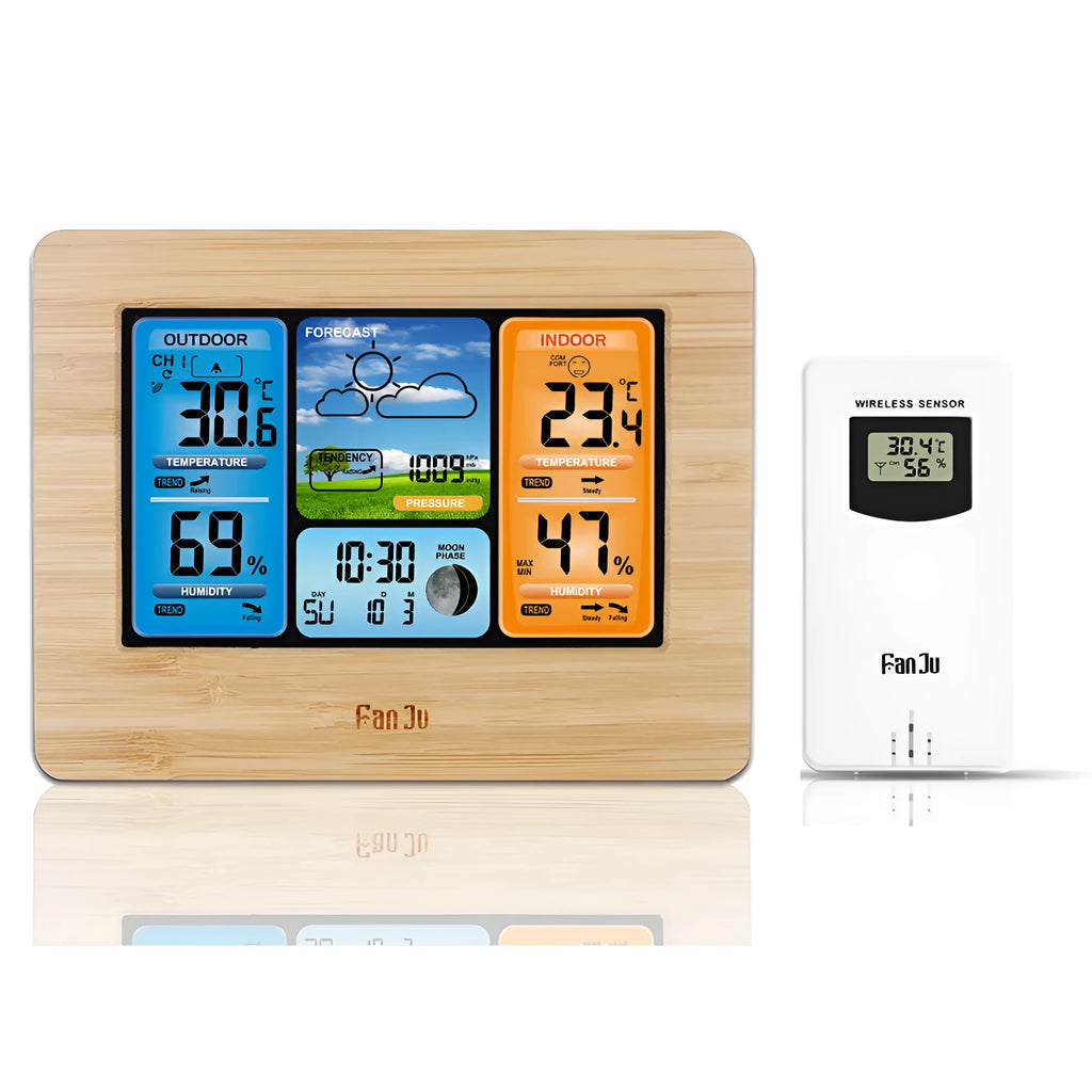 Rectangular black digital weather station with LCD display showing time, temperature, and weather icons on a desk.