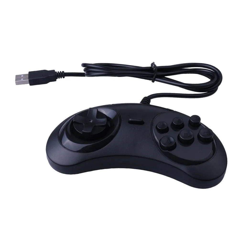 Black Sega USB PC game controller with directional pad, action buttons, and a long braided cable.