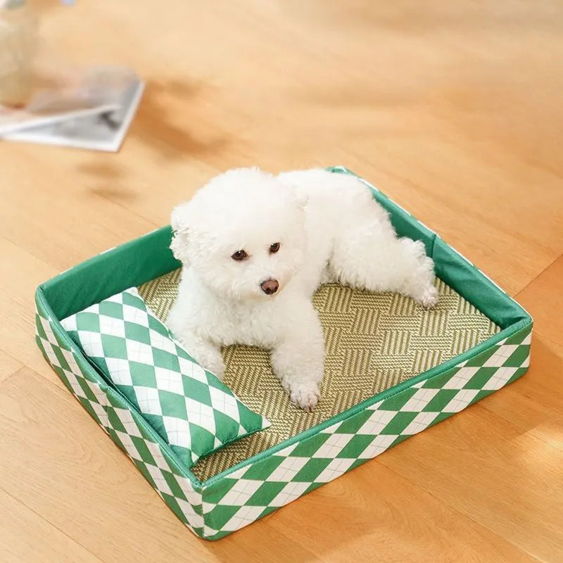 Blue woven rattan cat mat on a wooden floor, showing size scale compared to a cat.