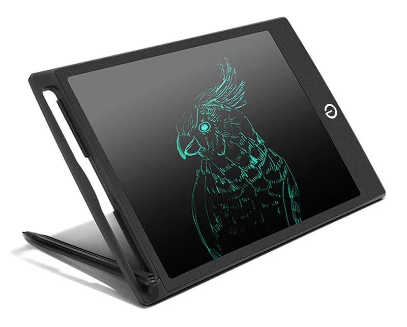 LCD writing tablet with pressure-sensitive blue-green screen and black ABS frame on desk