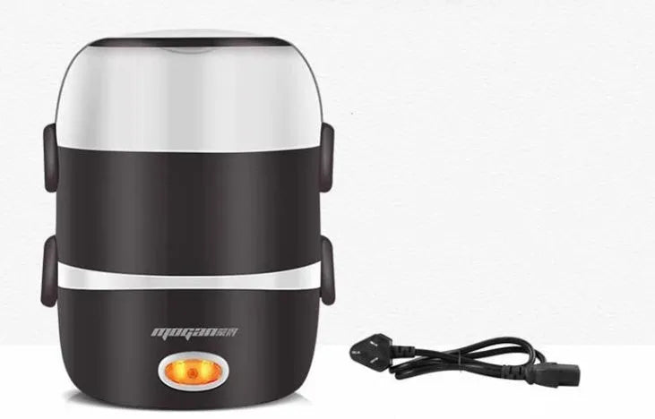 White 2L rice cooker with 200w power and 2-layer steaming option on a kitchen counter