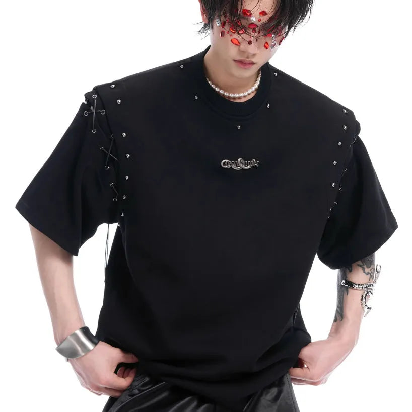 Black short sleeve cotton blend T-shirt with a lace-up cutout design detail on the front.