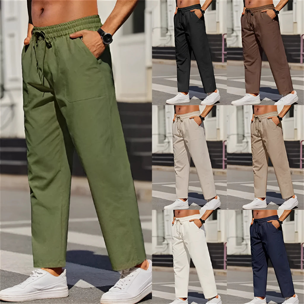Men's linen solid colour casual elastic waist outdoor daily breathable tube pants in khaki