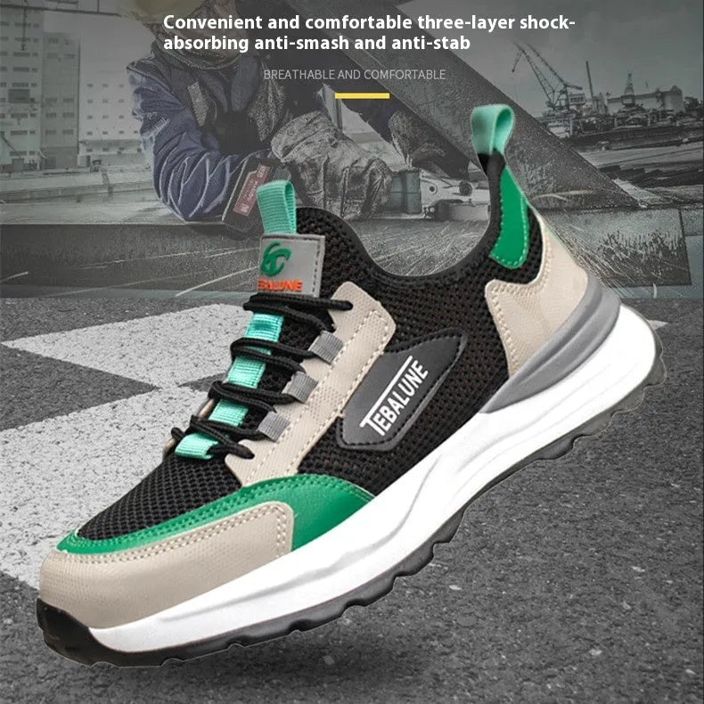 Black and green low-top lightweight mesh plastic steel toe safety shoes on white background