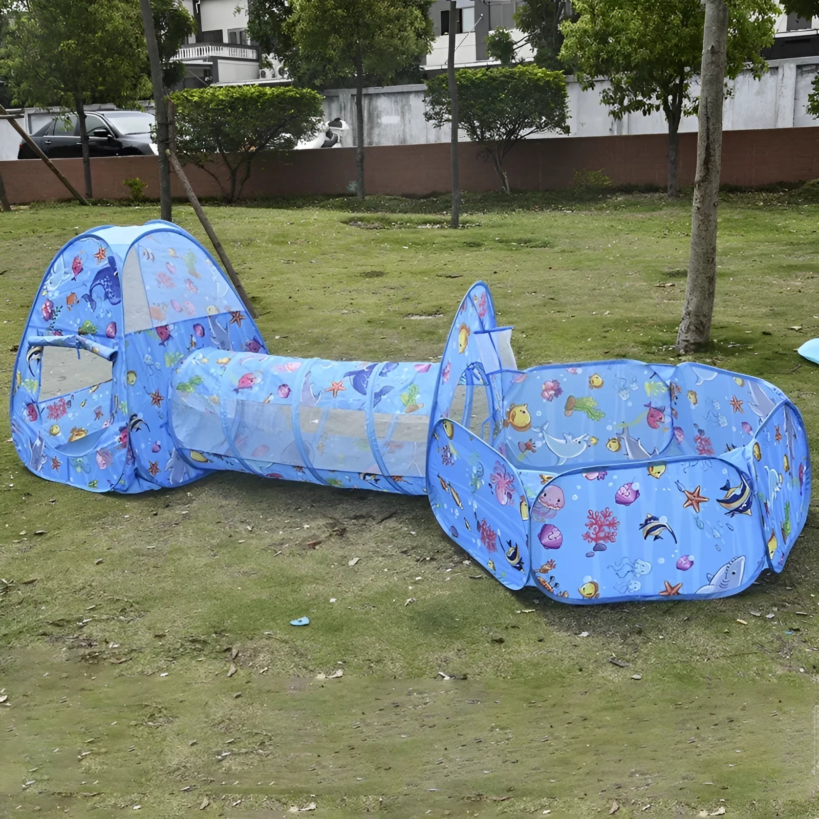 Underwater World three-in-one children's play tent set with tunnel and ball pit in cartoon marine theme.