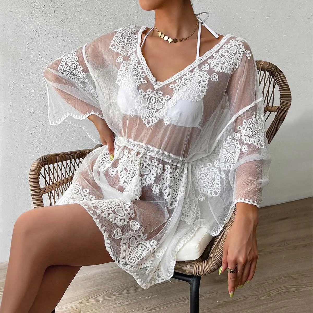 White water soluble texture beach blouse for women showing free size fit and sun protection style