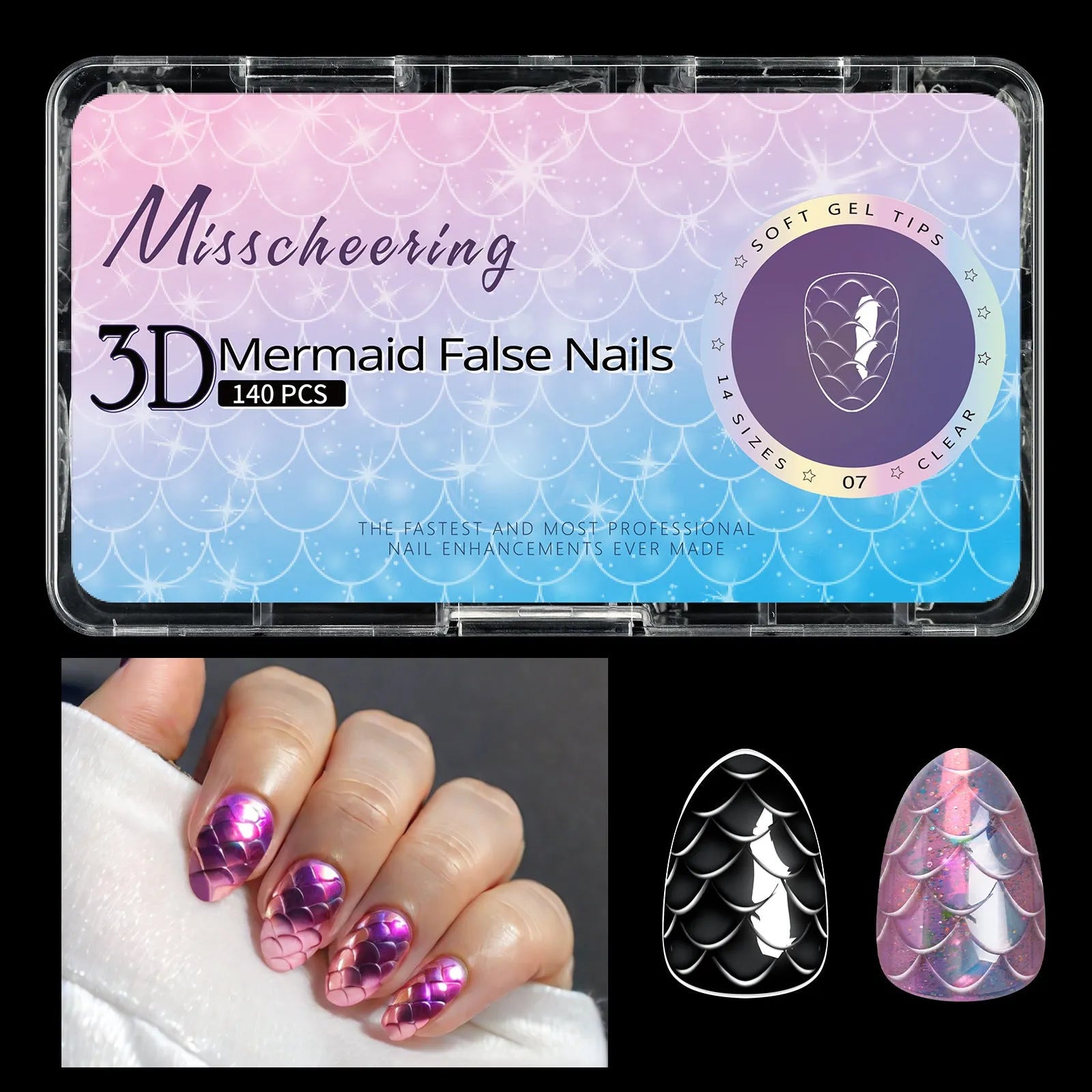 3D scale long shaping nail tips in Frigate box packaging with multiple colour options for nail extension use