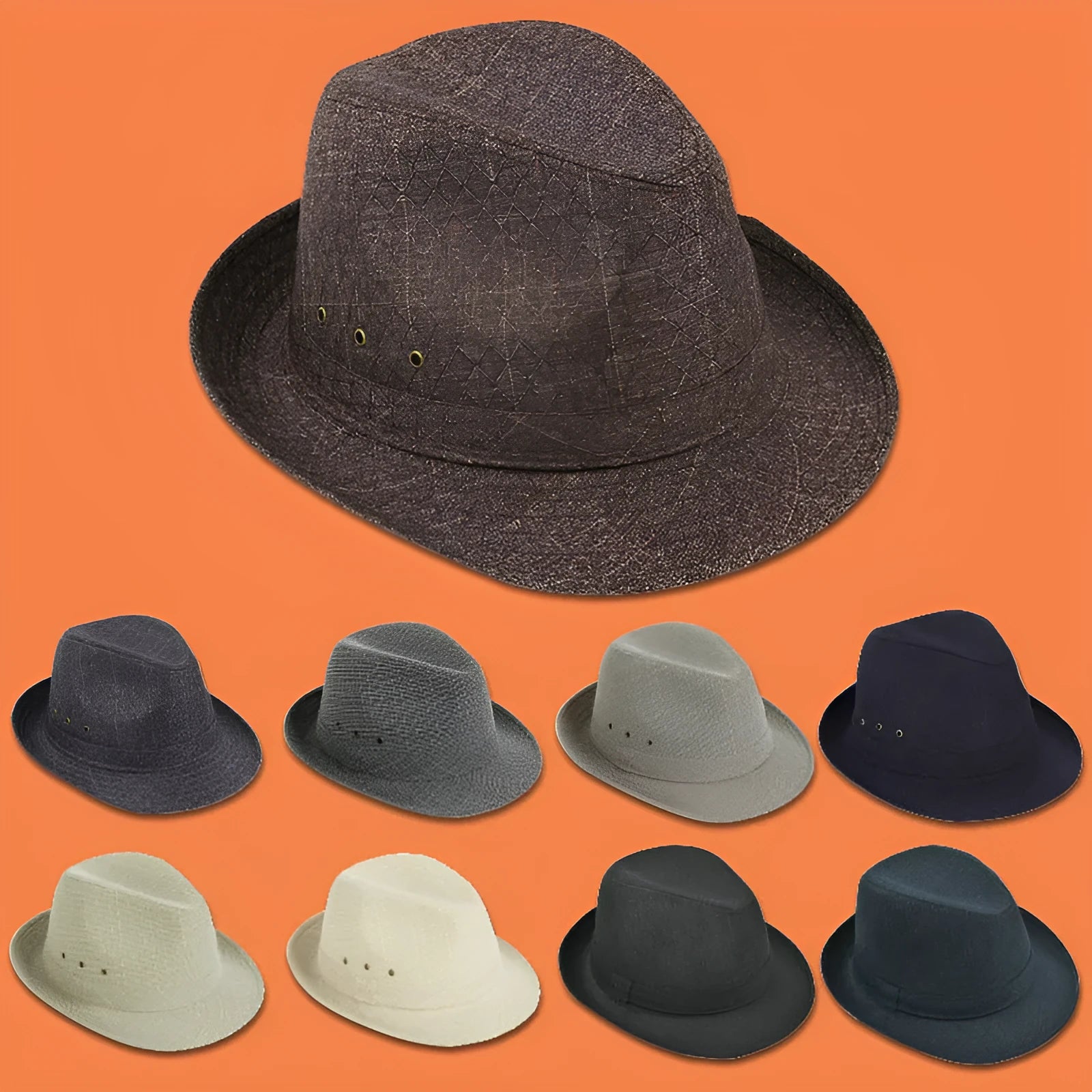 Classic brown fedora hat for men on a stand, showing the brim and structured crown.