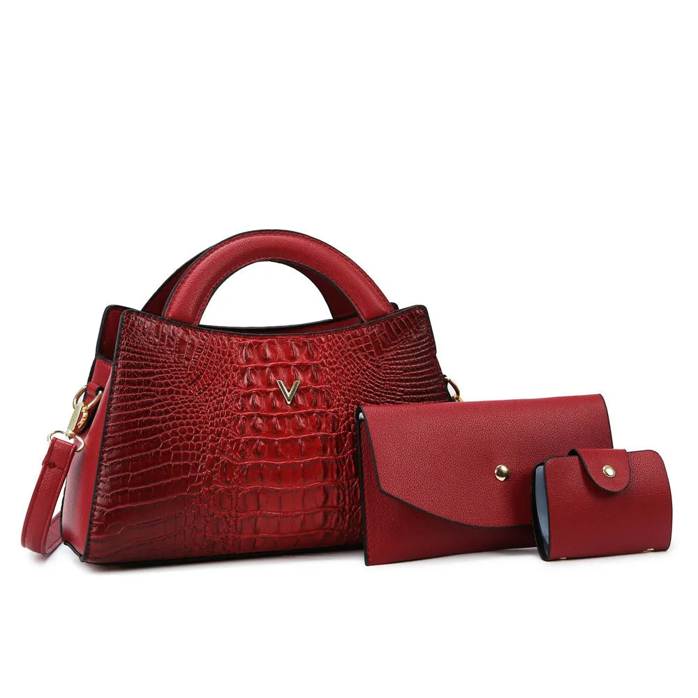 Women's black crocodile pattern PU leather crossbody handbag with gold hardware, shown open to reveal internal organiser pockets.