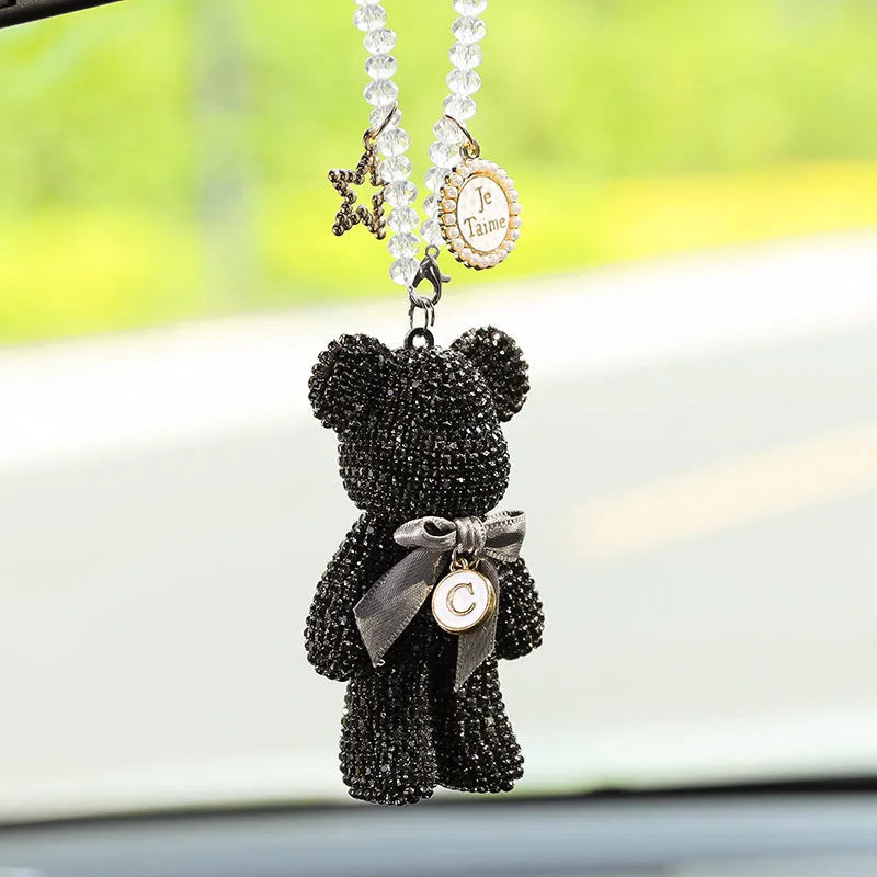 Violent Bear character car rearview mirror pendant with artificial crystal rhinestones in black, white, or mixed pastel colours