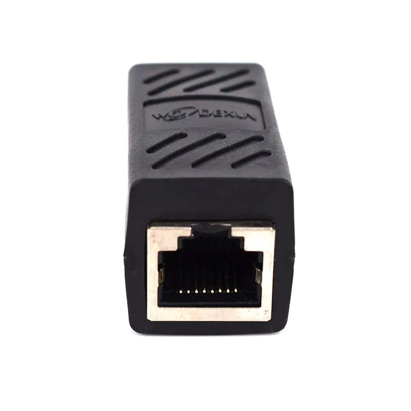 Black RJ45 network cable extender adapter showing connection ports for ethernet patch cables