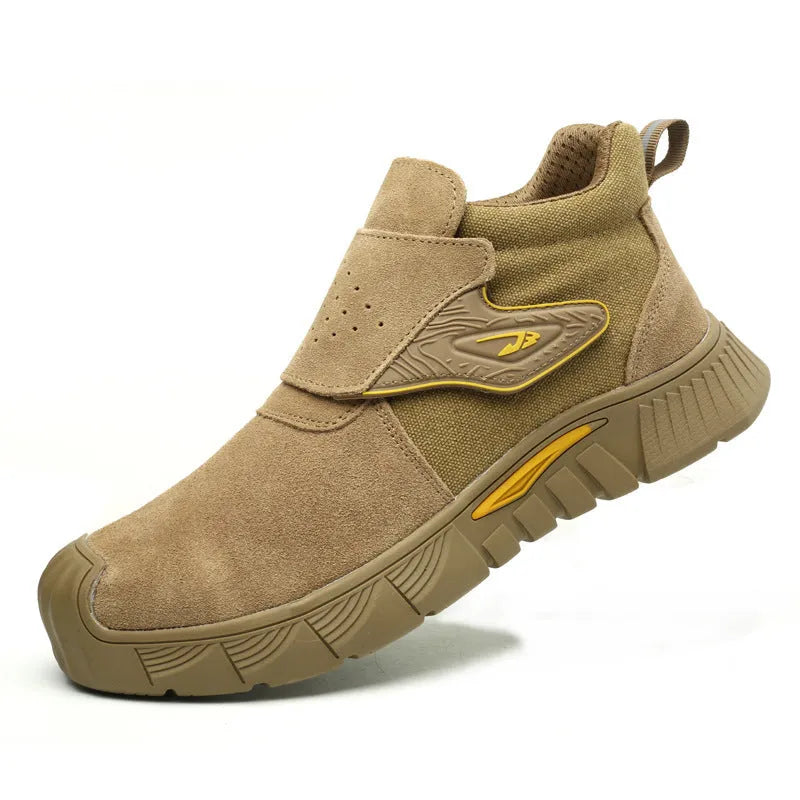 High-top steel toe cap work shoes with anti-penetration sole and front lace-up closure