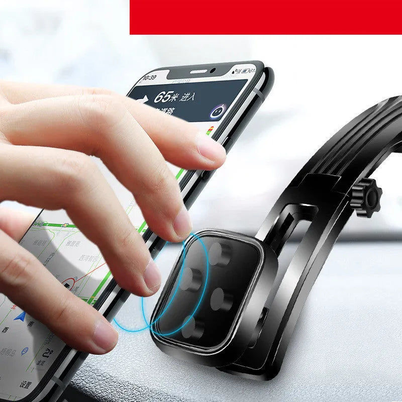 Creative magnetic desktop car phone holder with gooseneck arm and silicone surface in black
