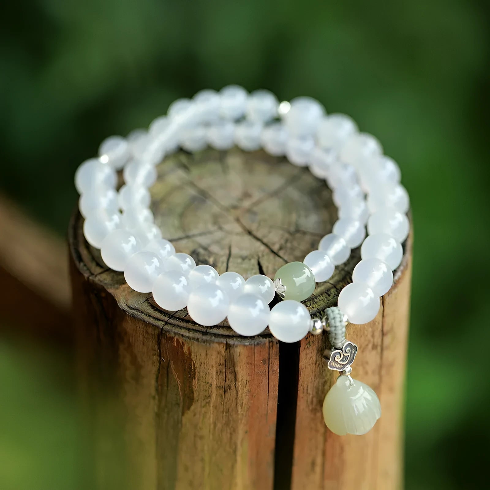 S925 silver bracelet with white agate and Hetian jade, lotus design, geometric national style for women