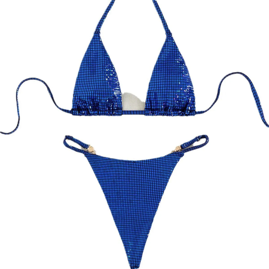 Women's solid colour T-back split bikini in blue for swimming and wading made from polyester fibre