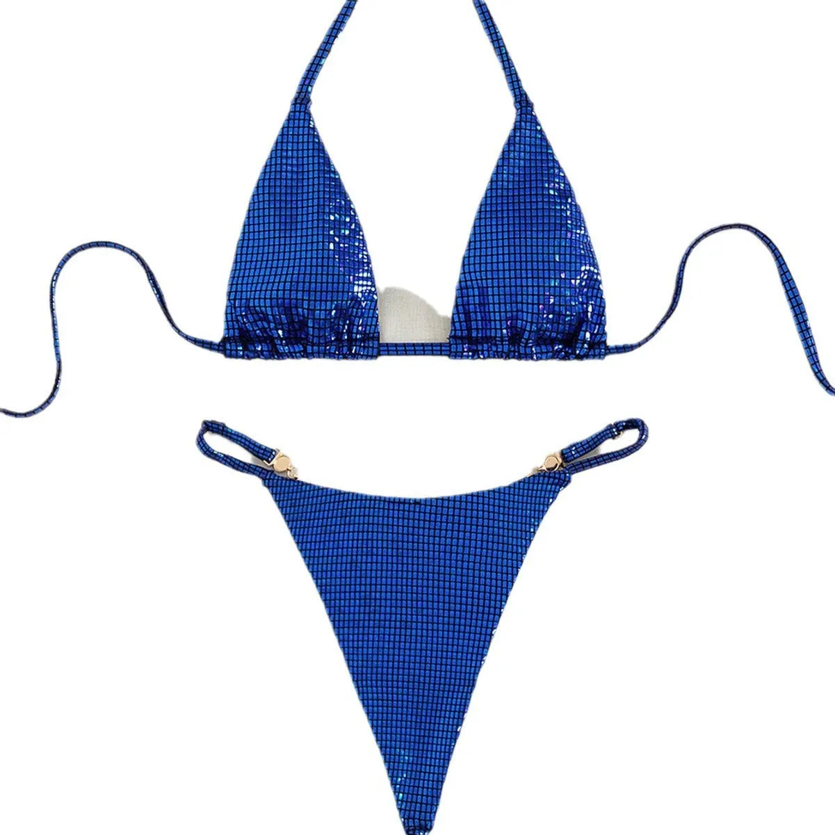 Women's solid colour T-back split bikini in blue for swimming and wading made from polyester fibre