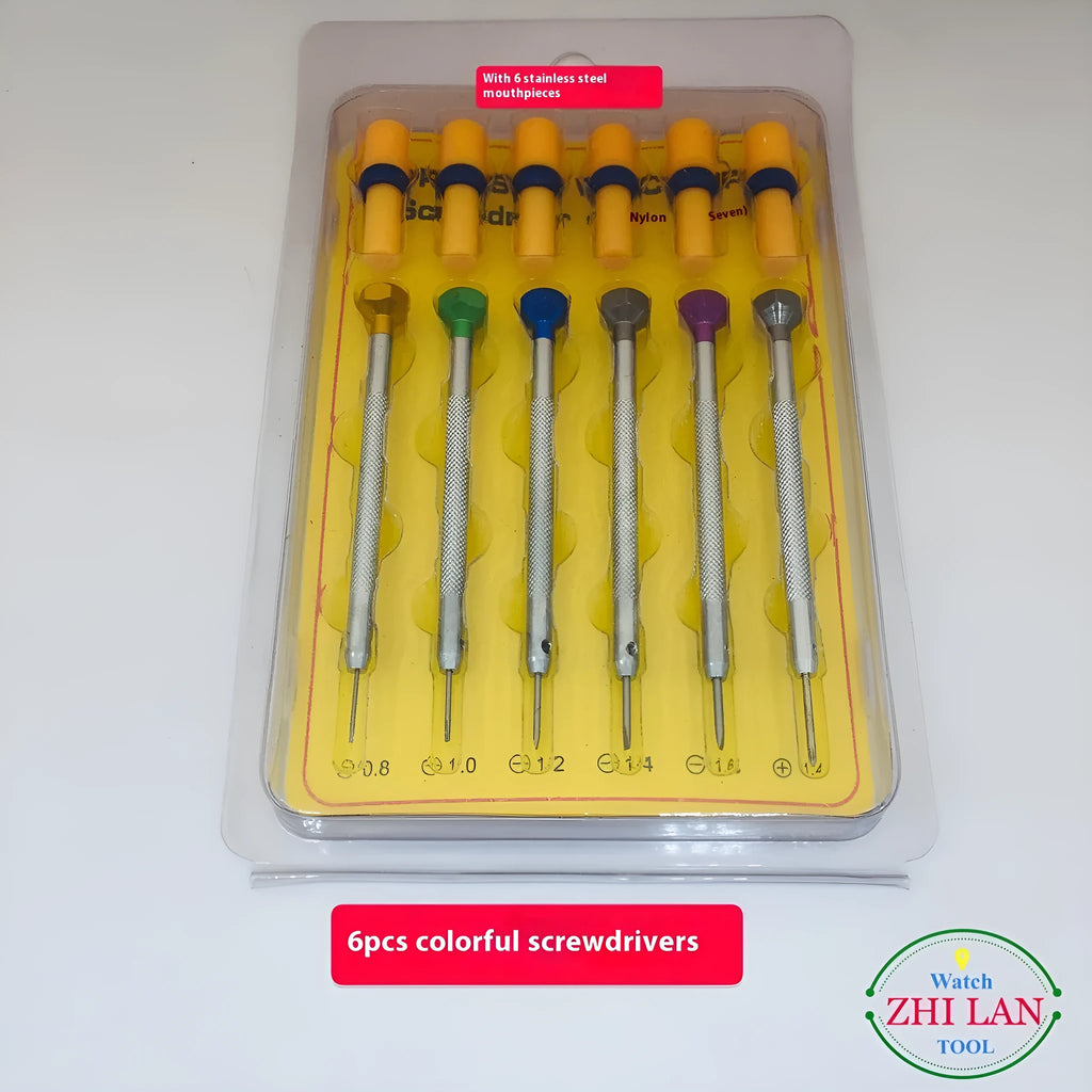 Six colour-coded aluminium suit screwdrivers for watch repair with copper handles and spring steel cutter heads
