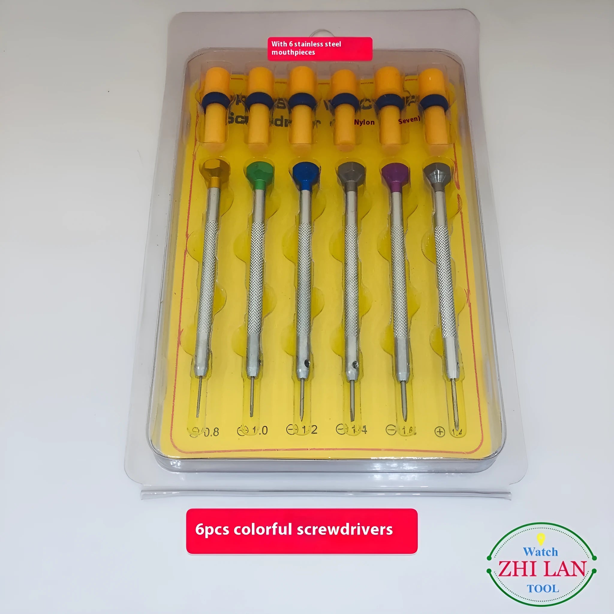 Six colour-coded aluminium suit screwdrivers for watch repair with copper handles and spring steel cutter heads