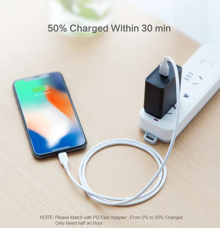 White woven nylon USB-C to Lightning cable for iPhone fast charging and data transfer
