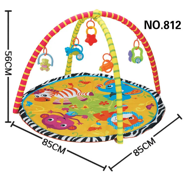 Velvet baby gymnastic blanket with animal pattern used as a crawling carpet and interactive toy.