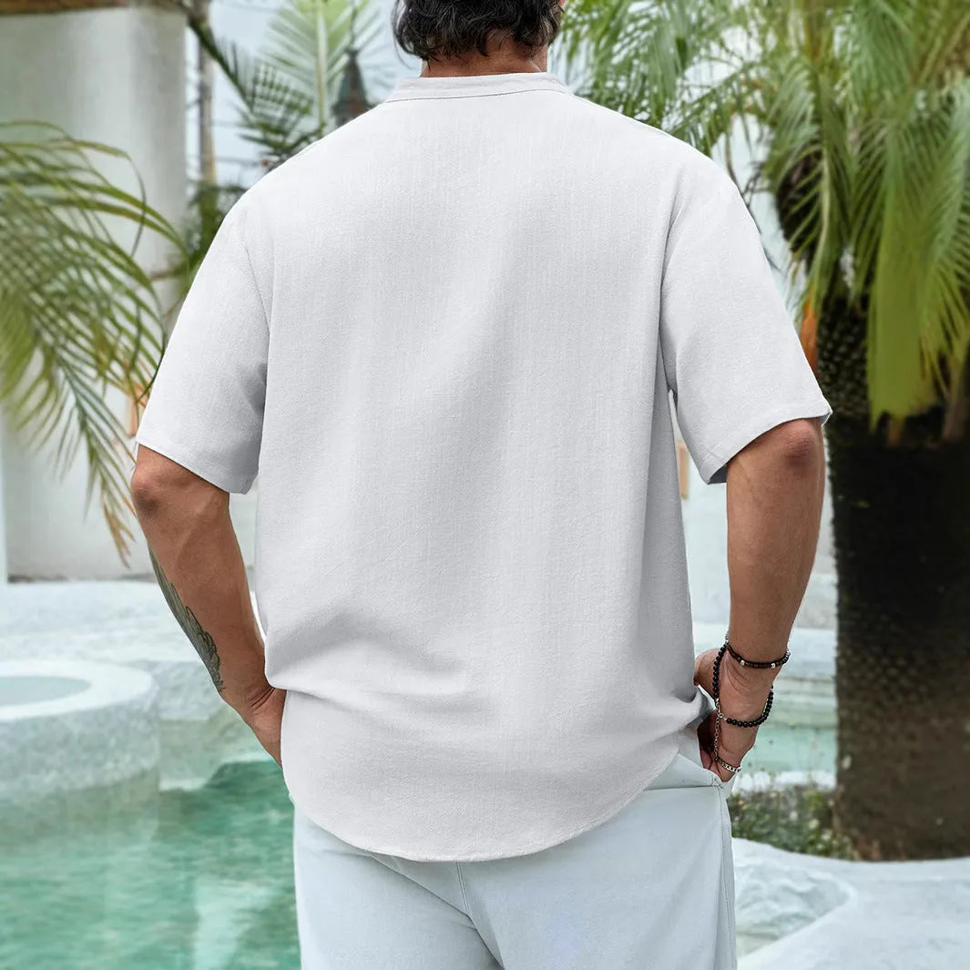 Men's deep V-neck multi-button short sleeve casual pullover shirt in solid colour, front view