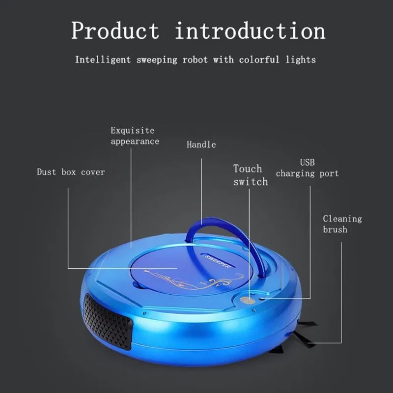 Lazy Smart floor sweeping robot vacuum cleaner in black, blue, or white colour on hard flooring.