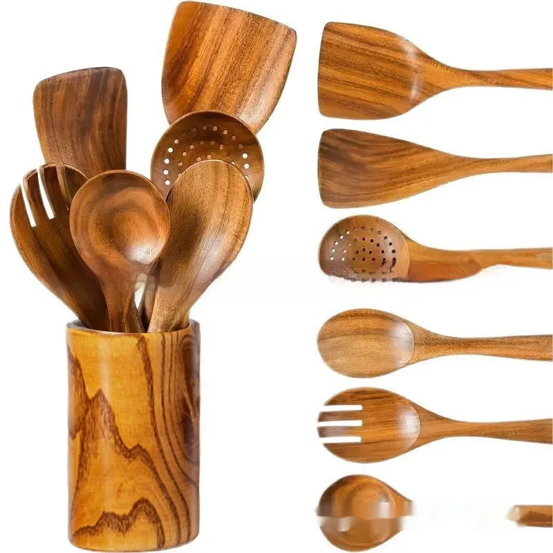 Seven-piece wooden kitchen utensil set with spoons and spatulas