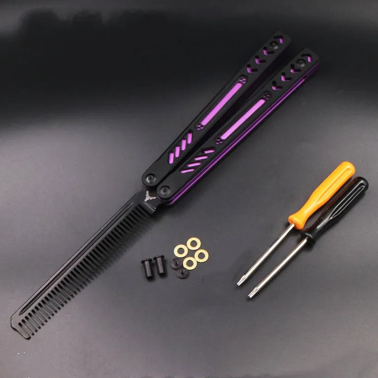 Unbladed ether butterfly knife with G10 anti-slip patch on aluminium handle, view of side profile