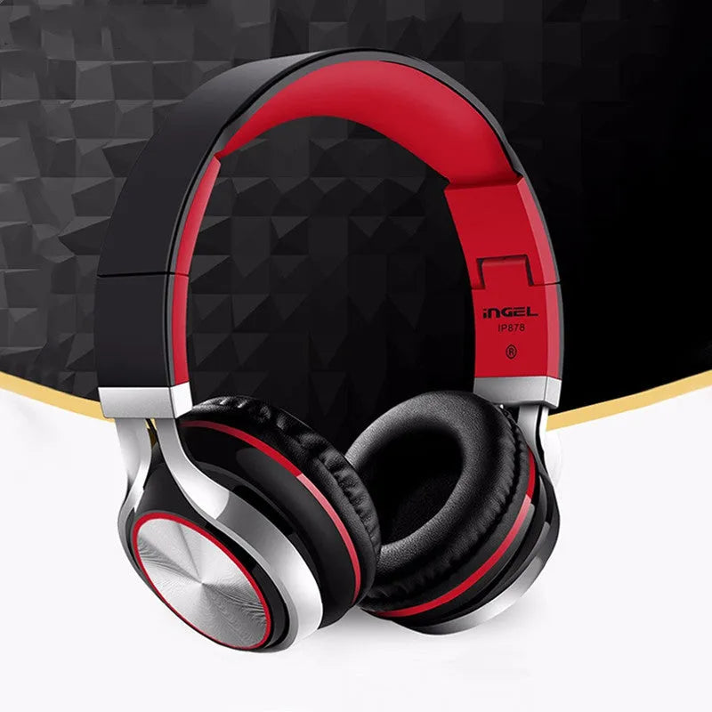 Folding Bluetooth headset with 40mm speaker, wireless 2.4GHz, black plastic housing, folded for portability