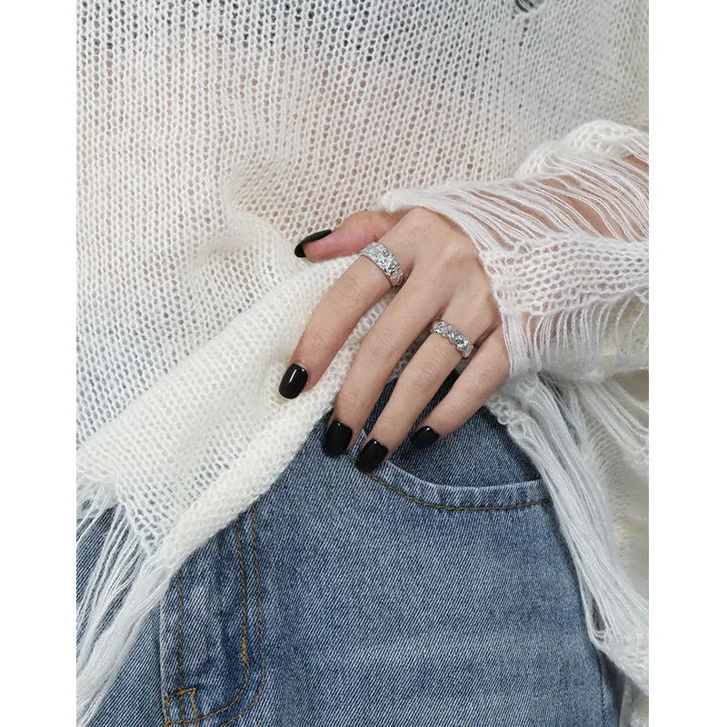 Women's S925 silver hammered texture adjustable opening ring in white gold colour