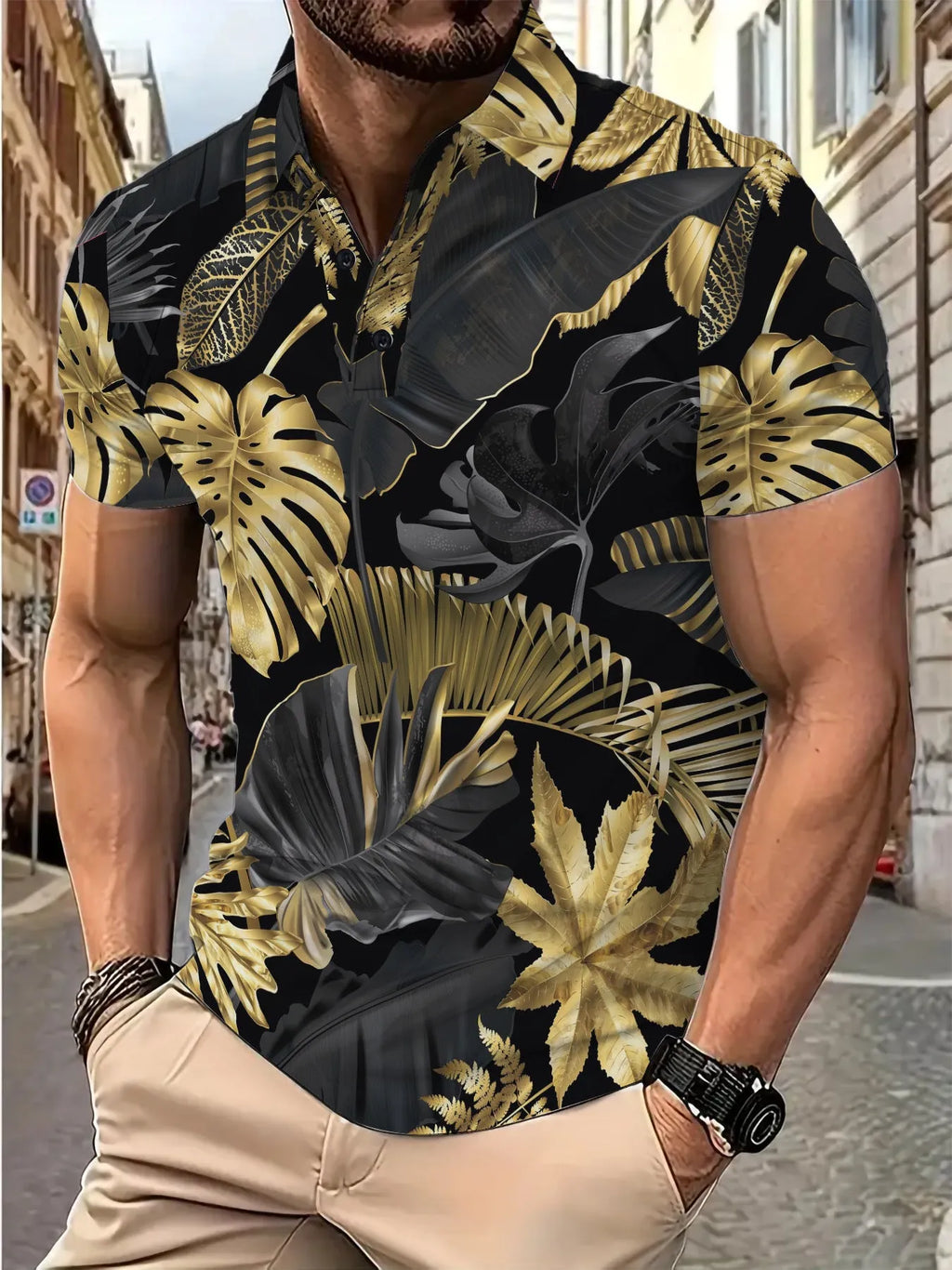 Men's gold tropical plant pattern short sleeve polyester shirt front view for summer