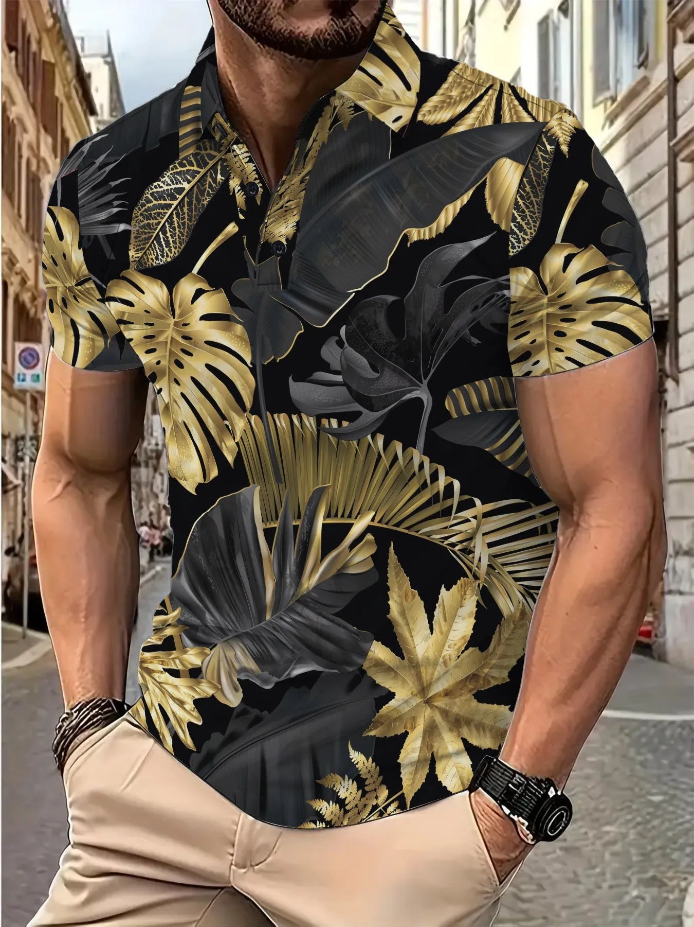 Men's gold tropical plant pattern short sleeve polyester shirt front view for summer