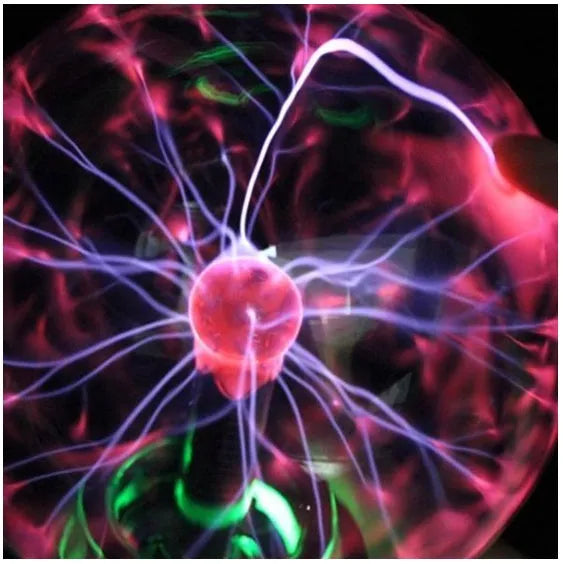 Plasma lightning ball with electrostatic lightning arcs on a blue background, 4-8 inch size options available