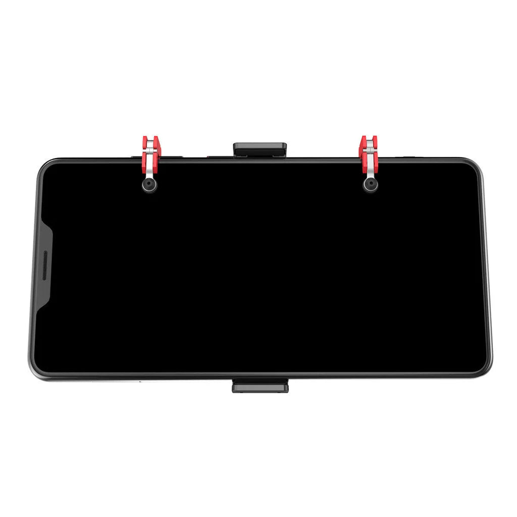 Black phone gaming trigger bracket stand with a metal handle and adjustable trigger for mobile shooting games.